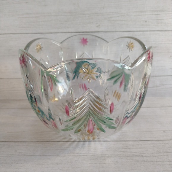 Mikasa Other - Mikasa Festive Holiday Crystal 8 in Bowl Colored Etched Christmas Trees Stars